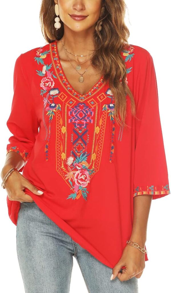 LauraKlein Women's Summer Boho Embroidery Mexican Bohemian Tops V Neck 3/4 Sleeve Causal Loose Shirt Blouse Tunic