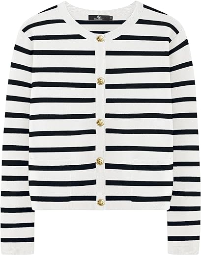 LILLUSORY Women's Crew Neck Gold Buttons Cardigan Sweaters Lady Jacket with Patch Pockets