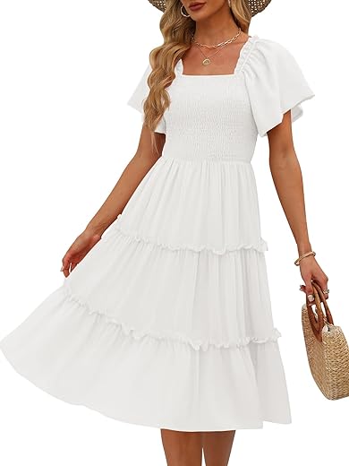 LILLUSORY Women's Summer Casual Flutter Sleeve Square Neck Smocked Midi Dress