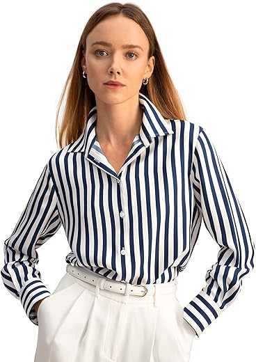 LilySilk Womens 100% Silk Shirt Ladies Blue White Pinstripes Blouse with V Neck and Long Sleeve Work Casual All Season