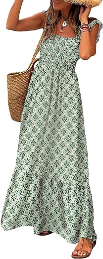 LOLONG Maxi Dress for Women Summer Boho Spaghetti Strap Square Neck Ruffle Beach Sun Dress