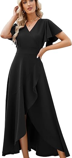 Long Black Formal Dresses for Women Gowns Evening Party Cocktail Dress,Split Elegant V Neck Wrap Ruffle Wedding Guest Dresses