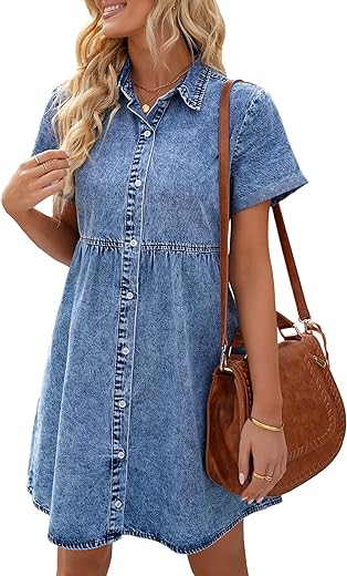 LookbookStore Women's Short Sleeve Button Down Flowy Tiered Babydoll Denim Dress