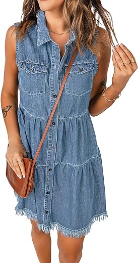 luvamia Women's Casual Summer Lapel Sleeveless Button Down Short Denim Jean Dress