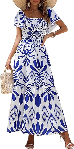 MakeMeChic Women's Floral Print Layered Short Sleeve Square Neck Ruffle High Waist A Line Summer Long Dress