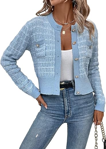 MakeMeChic Women's Pocket Patched Button Front Long Sleeve Cardigan Sweater