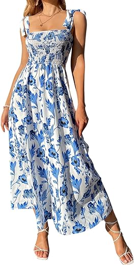 MakeMeChic Women's Summer Boho Dress Casual Floral Print Spaghetti Strap Square Neck Long Maxi Dress Beach Sun Dress