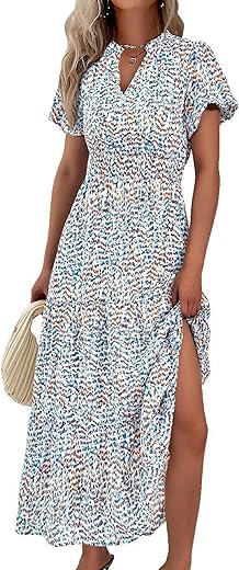 MASCOMODA Summer Maxi Dress for Women 2024 Casual V Neck Puff Short Sleeve Smocked Ruffle Flowy Beach Boho Long Floral Dress