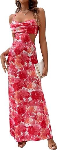 Milumia Women's Floral Cut Out Backless Dress Ruched Sleeveless Long Cocktail Party Dresses