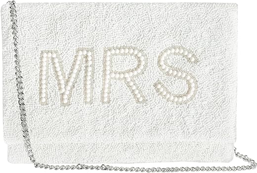 MRS Clutch for Wedding Day, Bridal Clutch, Beaded White Clutch Purse for Bachelorette, Perfect Bridal Purse, Bridal Shower Gifts for Bride To Be (All White MRS)