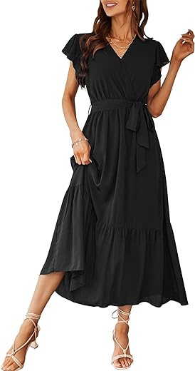 PRETTYGARDEN Women's 2024 Floral Boho Dress Wrap V Neck Short Sleeve Belted Ruffle Hem A-Line Flowy Maxi Dresses