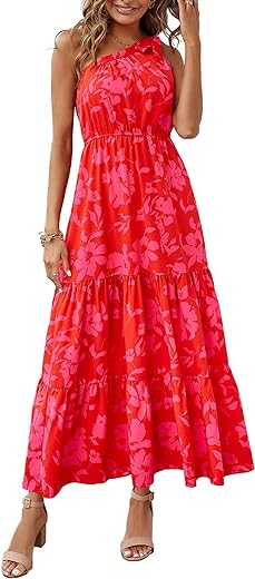 PRETTYGARDEN Womens 2024 Floral Knot One Shoulder Sleeveless Ruffle Hem Flowy Boho Dresses