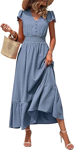 PRETTYGARDEN Womens Boho Short Sleeve V Neck Swiss Dot Ruffle Tiered Smocked Long Cocktail Dress