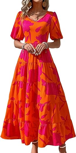 PRETTYGARDEN Womens Dresses 2024 Puff Sleeve Floral Casual Summer Dresses Smocked Backless Beach Flowy Tiered Maxi Dress