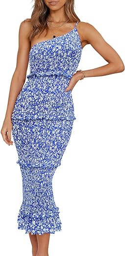 PRETTYGARDEN Womens Floral Summer One Shoulder Strappy Tiered Ruffle Midi Bodycon Dresses