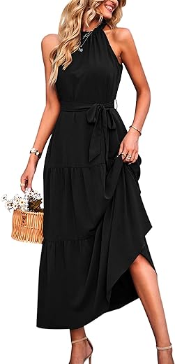 PRETTYGARDEN Womens Floral Summer Sleeveless Halter Neck Flowy Ruffle Hem Long Boho Dresses With Belt