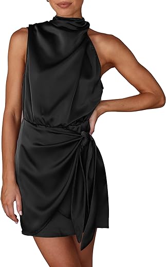 PRETTYGARDEN Womens Mock Neck Tie Waist Cocktail Party Dress