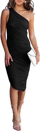 PRETTYGARDEN Women's Ruched Bodycon Dress 2024 Summer One Shoulder Sleeveless Party Cocktail Pencil Dresses