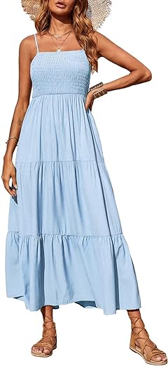 PRETTYGARDEN Womens Spaghetti Strap Smocked Tiered Long Beach Sun Dress