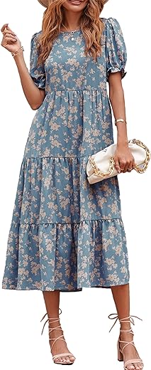 PRETTYGARDEN Women's Summer Casual Boho Dress Floral Ruffle Puff Sleeve High Waist Midi Beach Dresses