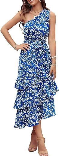 PRETTYGARDEN Womens Summer Floral One Shoulder Tiered Ruffle Flowy Midi Beach Boho Dress