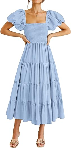 PRETTYGARDEN Womens Summer Puffy Short Sleeve Square Neck Smocked Tiered Ruffle Midi Dress