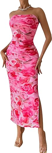 PRETTYGARDEN Womens Summer Strapless Maxi Bodycon Dresses With Club Slit