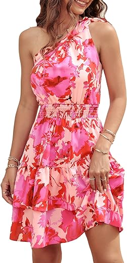 PRETTYGARDEN Women's Summer Tie One Shoulder Boho Floral Dress Elastic Waist Tiered Ruffle A Line Flowy Mini Dresses