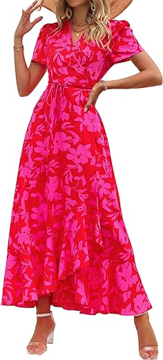 PRETTYGARDEN Womens Summer Wrap Maxi Dress Casual Boho Floral V Neck Short Sleeve Ruffle Hem Split Beach Long Dresses