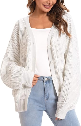 QUALFORT Women's Cardigan Sweater 100% Cotton Button-Down Long Sleeve Oversized Knit Cardigans