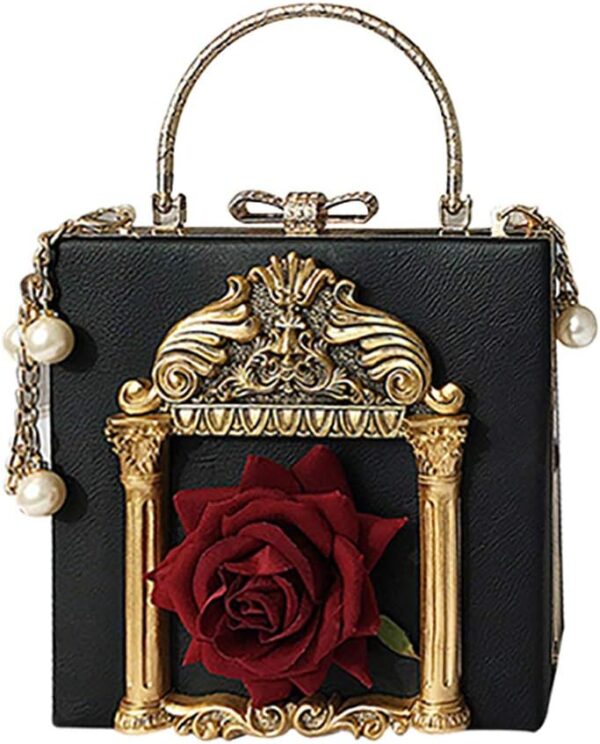 QZUnique Women Love Angel Floral Evening Bag Rose Embossed Formal Purse Clutch Black Gold Crossbody Pearl Chain Shoulder Bag