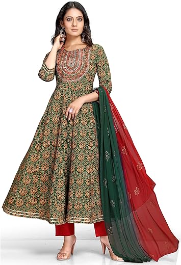 Rajnandini Women's Pure Cotton Embroidered A-Line Anarkali Kurta Set with Dupatta (Ready to Wear; Green and Red;-P)