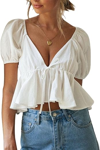 Remidoo Women's Puff Short Sleeve Tie Back V Neck Ruffle Hem Peplum Crop Tops