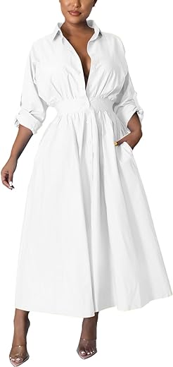 Rooscier Women's Collar V Neck Long Sleeve High Waist Flared Button Down Long Shirt Dress