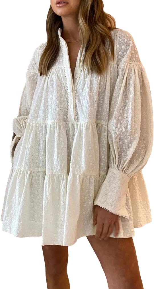 Ruffle Sleeve Tunic Midi Dress Flowy Shift Sundress Sweet Babydoll Button Down Swing Skirt