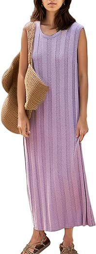 SAFRISIOR Women Sleeveless Sweater Midi Dress Scoop Neck Loose Fit Knitted Dress Solid Casual Tank Top Midi Dress