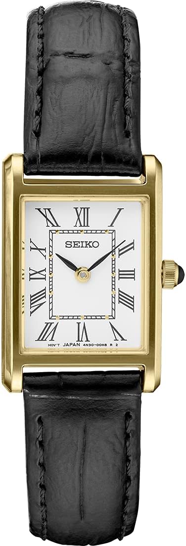 SEIKO Essentials Watch for Women - Essentials - Water Resistant with Stainless Steel Rectangular Case and Leather Strap