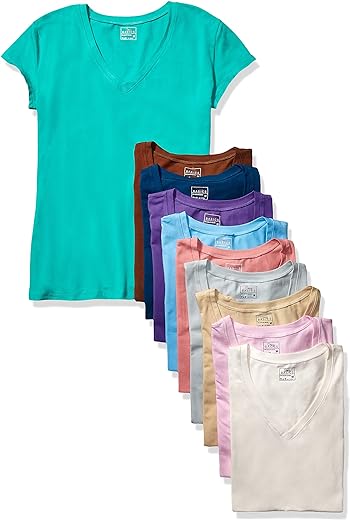 Sexy Basics Women's 5 & 10 Pack Casual & Active Cotton Stretch V Neck Short Sleeve Shirts