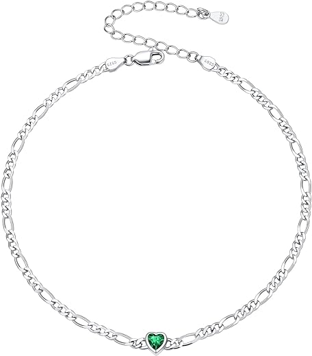 SILVERCUTE Figaro Anklets for Women, Sterling Silver Diamond Cut 3mm Link Chain Ankle Bracelet with Heart/Round Birthstone, Length 8.5"-10.5"