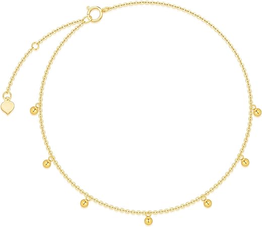 SISGEM 14k Gold Anklet for Women, Real Gold Tiny 2.2 mm Ball Ankle Bracelets Jewelry Gift for Her, 9.1-10.5 Inch