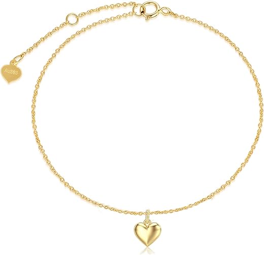 SISGEM Real 14k Gold Puff Heart Anklet for Women, Love Ankle Bracelet Foot Jewelry Gifts for Her, 9+1+1 Inch