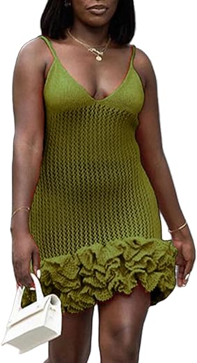 Tcremisa Women's Crochet V Neck Layer Ruffle Hem Sweater Dress Backless Bodycon Short Mini Knit Pullover Dresses