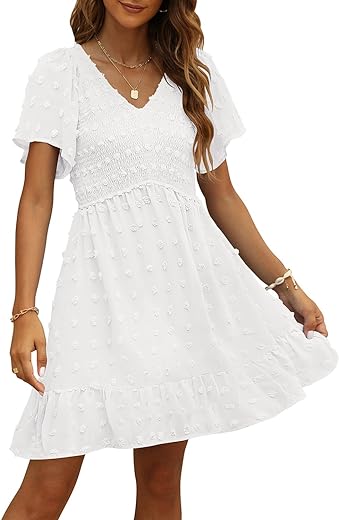 TECREW Womens Smocked Short Sleeve V Neck Mini Dress Summer Swiss Dot Flowy Short Dress