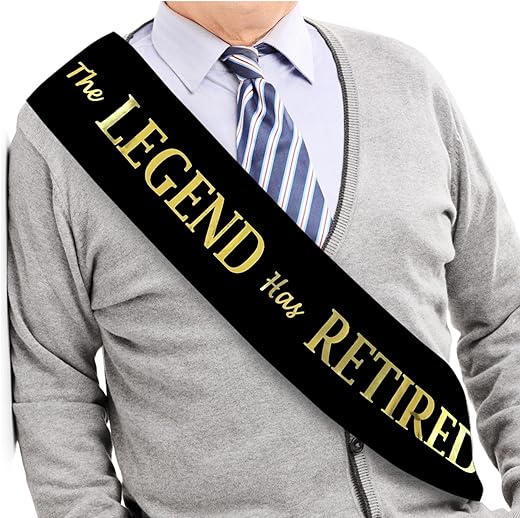 The Legend Has Retired Sash – Elegant Black and Gold Foil Legendary Sash for Both Women and Men & a Large Gold Safety Pin. Perfect for Retirement Parties