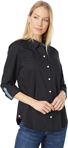 Tommy Hilfiger Women's Solid Button Collared Shirt With Adjustable Sleeves