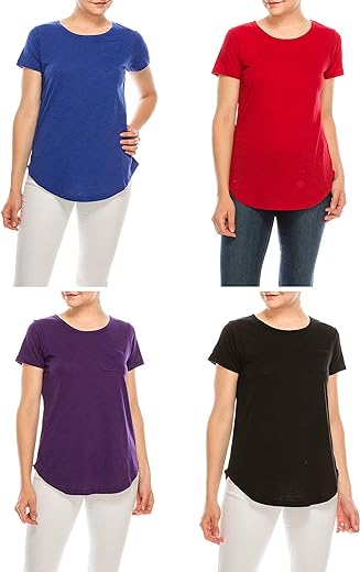 Urban Diction Pack of 4 Women's Loose Essential Solid Colors Basic Scoop Neck Tees