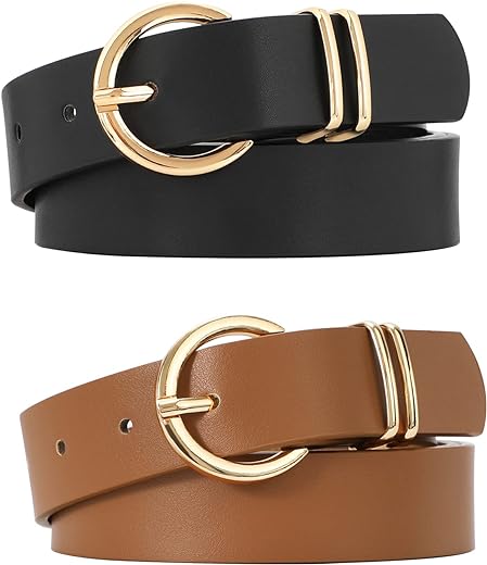 VONMELLI 2 Pack Women's Leather Belts for Jeans Dresses Fashion Gold Buckle Ladies Belt