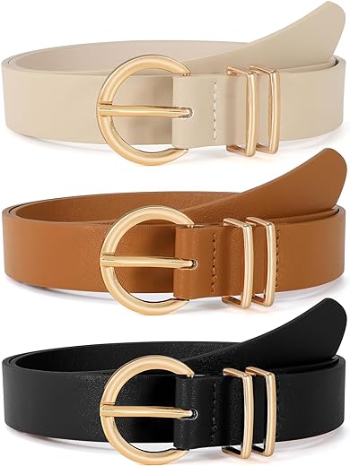 VONMELLI 3 Pack Women's Leather Belts for Jeans Dresses Ladies Waist Belt with Fashion Gold Buckle