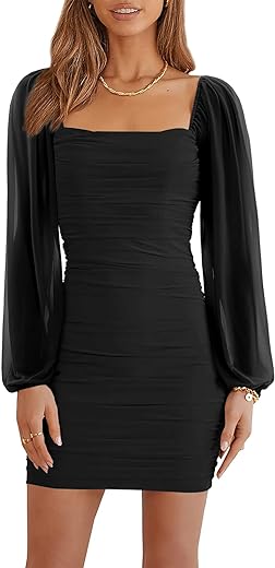 Wenrine Women's Mesh Long Sleeve Square Neck Ruched Party Club Cocktail Bodycon Mini Dress