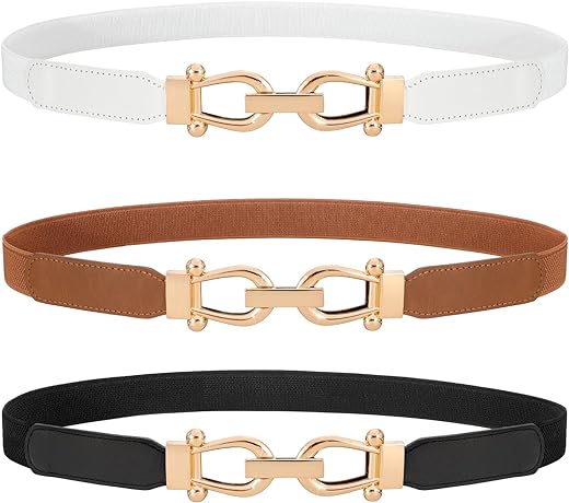 WERFORU 3 Pack Women Skinny Elastic Waist Belt Gold Buckle Stretchy Thin Belt for Jeans Dress